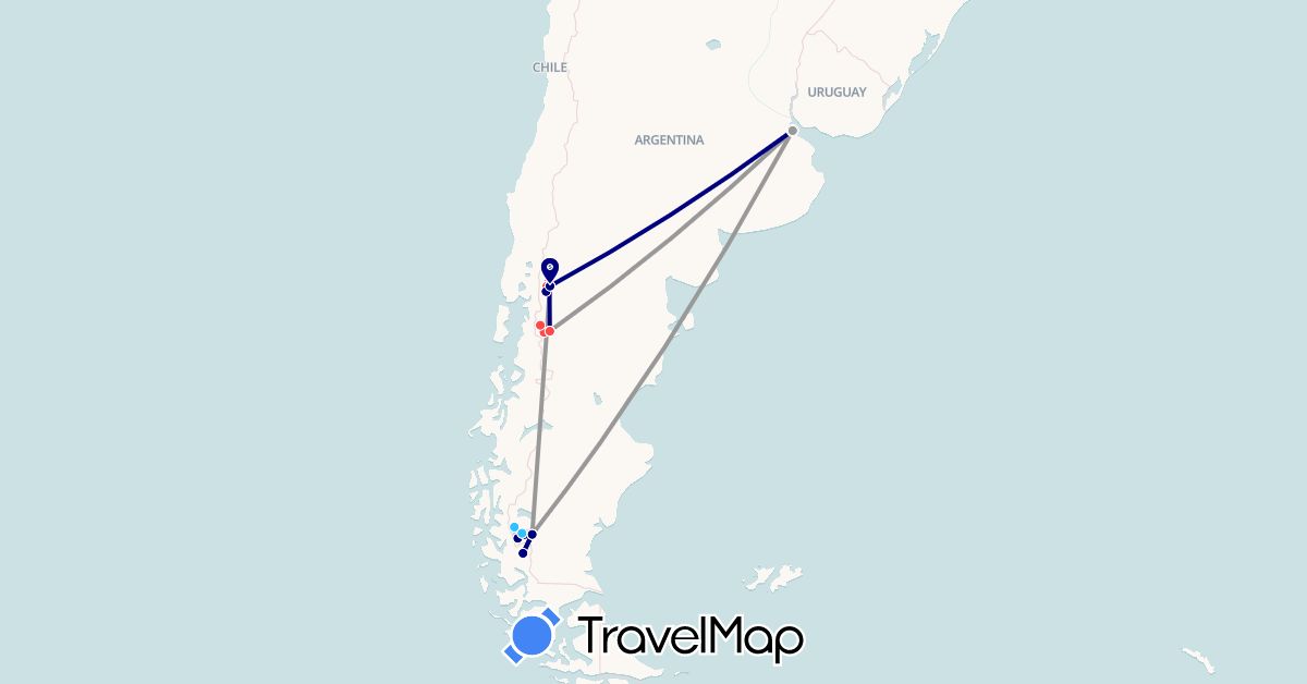 TravelMap itinerary: driving, plane, hiking, boat in Argentina, Chile (South America)